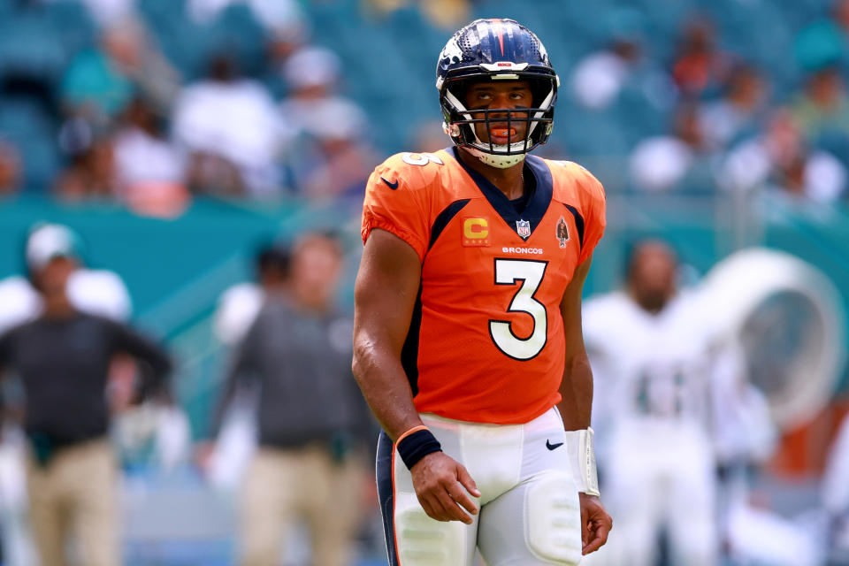 Russell Wilson's play will have a big impact on whether the Broncos are in play for Caleb Williams, one way or another. (Photo by Megan Briggs/Getty Images)