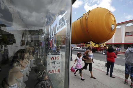The space shuttle Endeavour's external fuel tank ET-94 makes its way to the California Science Center in Exposition Park in Los Angeles, California, U.S. May 21, 2016. REUTERS/Lucy Nicholson