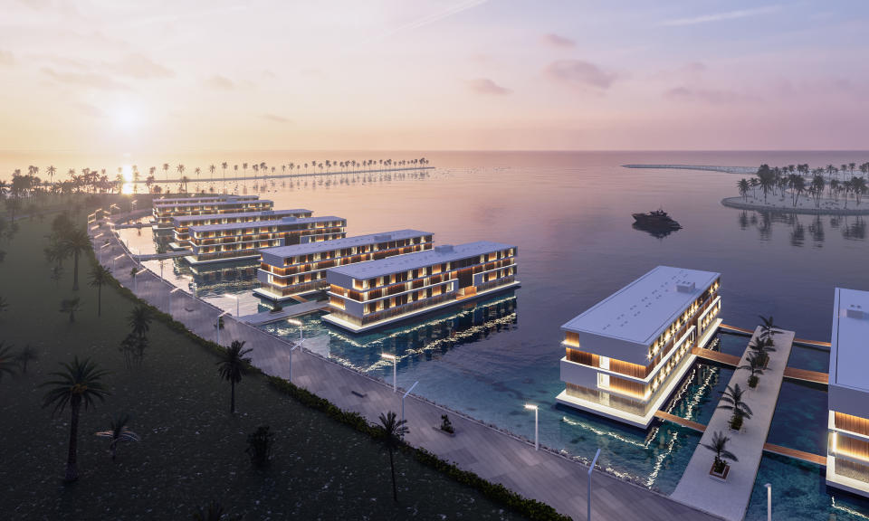 Identical, pre-assembled, buoyant luxury hotels will float to Qatar, beginning in 2021. Renderings and photos provided by: Admares.