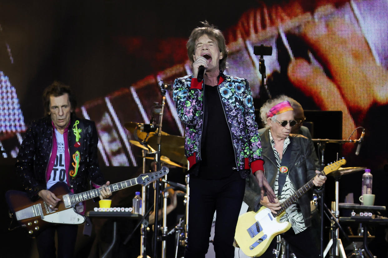 Mick Jagger, Ronnie Wood and Keith Richards of The Rolling Stones perform as part of their 