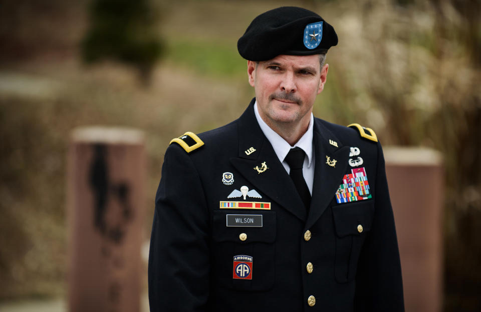 Brig. Gen. Paul Wilson leaves the courthouse after testifying in pretrial motions in the case of Brig. Gen. Jeffrey Sinclair, Tuesday, March 4, 2014, at Fort Bragg, N.C. Less than a month before Sinclair's trial on sexual assault charges, the lead prosecutor broke down in tears Tuesday as he told a superior he believed the primary accuser in the case had lied under oath. (AP Photo/The Fayetteville Observer, James Robinson)