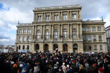 People gather outside the Hungarian Academy of Sciences to protest against government plans to weaken the institution in Budapest, Hungary, February 12, 2019. REUTERS/Tamas Kaszas