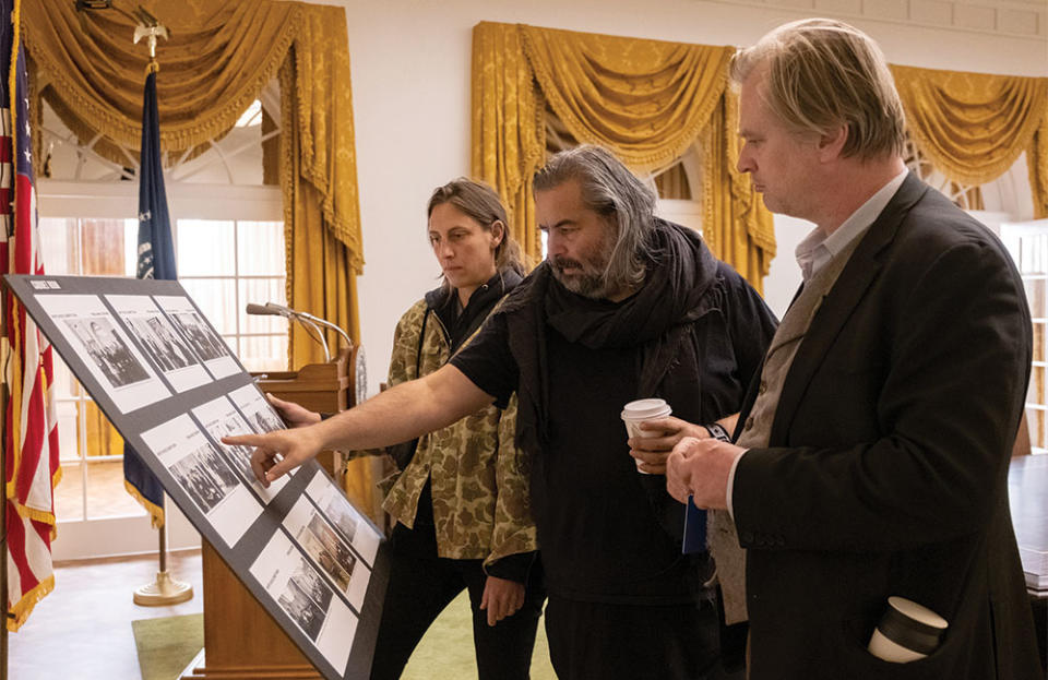 From left: production designer Ruth De Jong, DP Hoyte van Hoytema and Christopher Nolan.