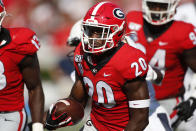 Georgia defensive back J.R. Reed (20) drives on for a touchdown after recovering a Murray State fumble in the first half of an NCAA college football game Saturday, Sept. 7, 2019, in Athens, Ga. (Joshua L. Jones/Athens Banner-Herald via AP)