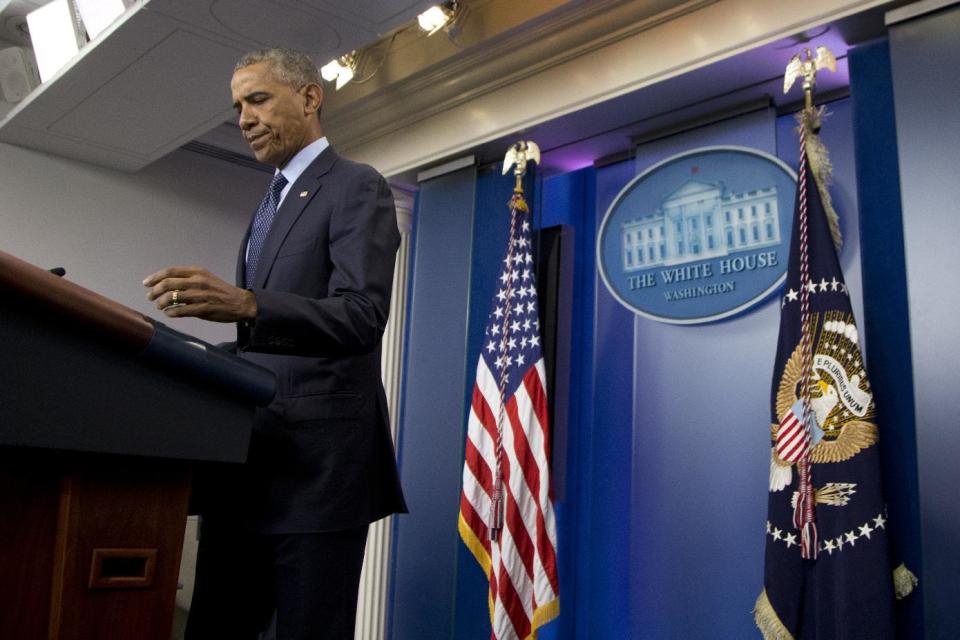 <p>President Barack Obama speaks about the massacre at an Orlando nightclub during a news conference at the White House in Washington, Sunday, June 12, 2016. (AP Photo/Manuel Balce Ceneta) </p>