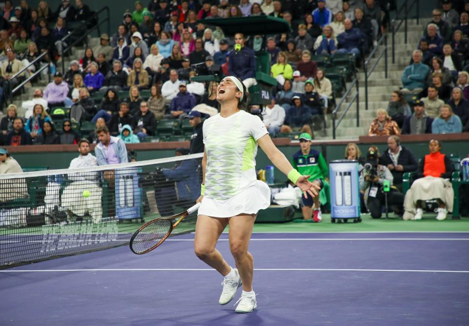 Ons Jabeur reacts to missing a point during the Tie Break Tens event in the Eisenhower Cup in Indian Wells, Calif., March 7, 2023. 