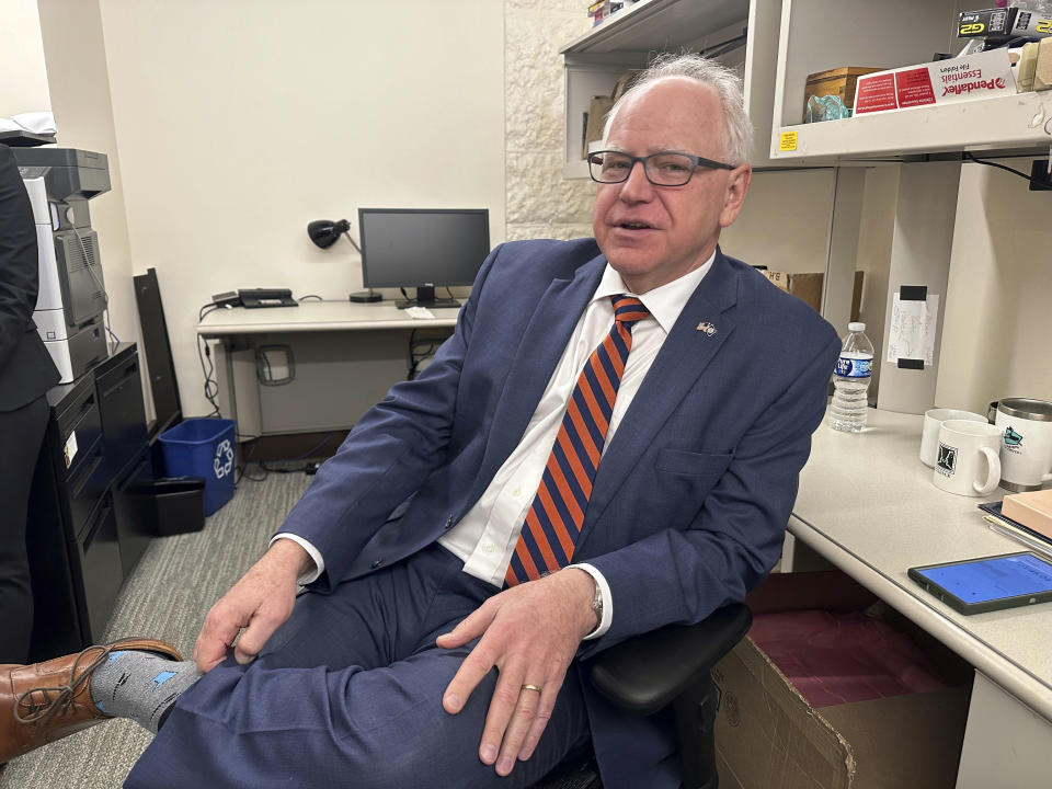 Democratic Minnesota Gov. Tim Walz is photographed in the press room at the State Capitol, on March 13, 2024, in St. Paul, Minn. In an interview with The Associated Press, the Democrat discussed the proposed Minnesota Voting Rights Act, and noted that he signed other measures last year to make voting easier. (AP Photo/Steve Karnowski)