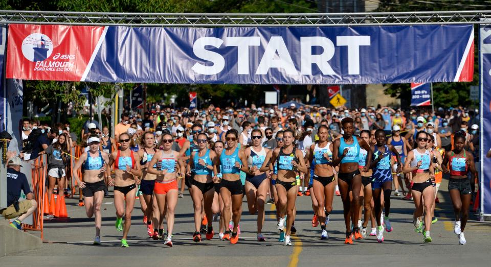 The elite women runners take off from the start line Sunday morning for the 49th annual Asics Falmouth Road Race in 2019.