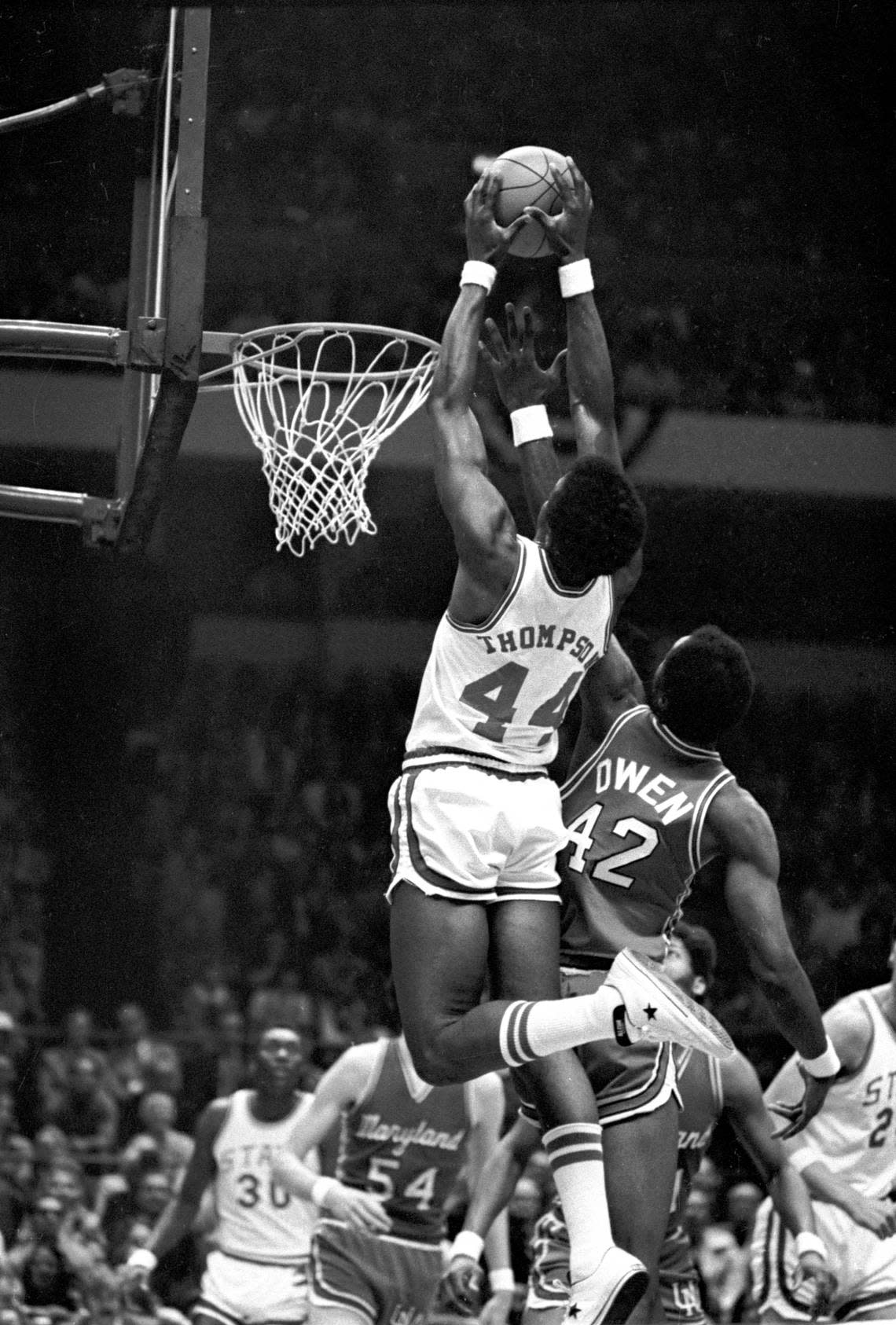 NC State’s David Thompson soars above the rim against Maryland in the 1974 ACC Tournament championship game in Greensboro, NC.