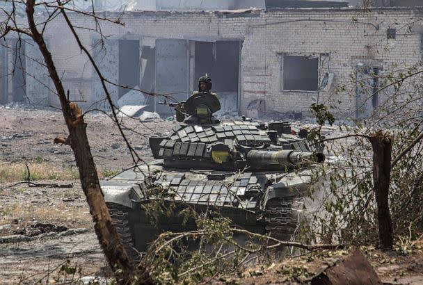 PHOTO: A Ukrainian tank is in position during heavy fighting on the front line in Severodonetsk, the Luhansk region, Ukraine, June 8, 2022. (Oleksandr Ratushniak/AP)