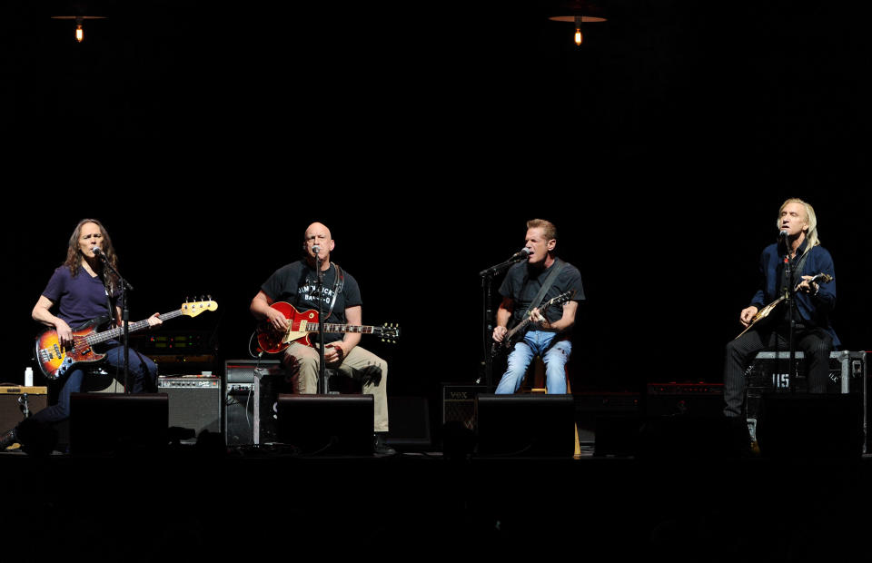 The Eagles, from left, Timothy B. Schmit, Bernie Leadon, Glenn Frey and Joe Walsh perform at Madison Square Garden on Friday, Nov. 8, 2013 in New York. (Photo by Evan Agostini/Invision/AP)