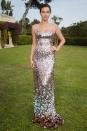 <p>The model wore a silver sequinned gown. </p>