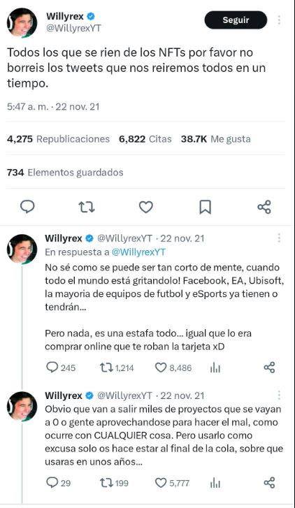 Willyrex creía que los NFT eran el futuro de los videojuegos y la tecnología