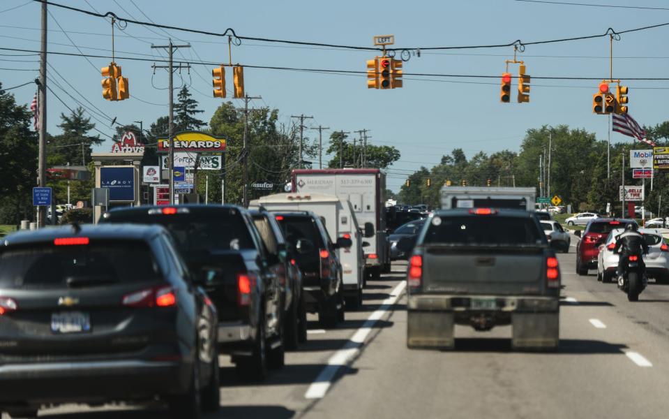 Traffic seen in Delta Township Friday Sept. 1, 2023, near Mall Drive and West Saginaw Highway.