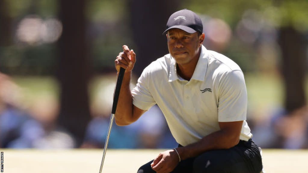 Tiger Woods chews his lip on day three of the Masters