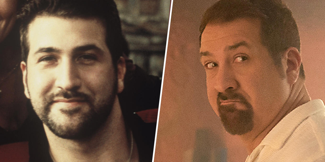 Joey Fatone as Angelo in My Big Fat Greek Wedding in 2002 and in 2023. (Everett Collection, Focus Features)