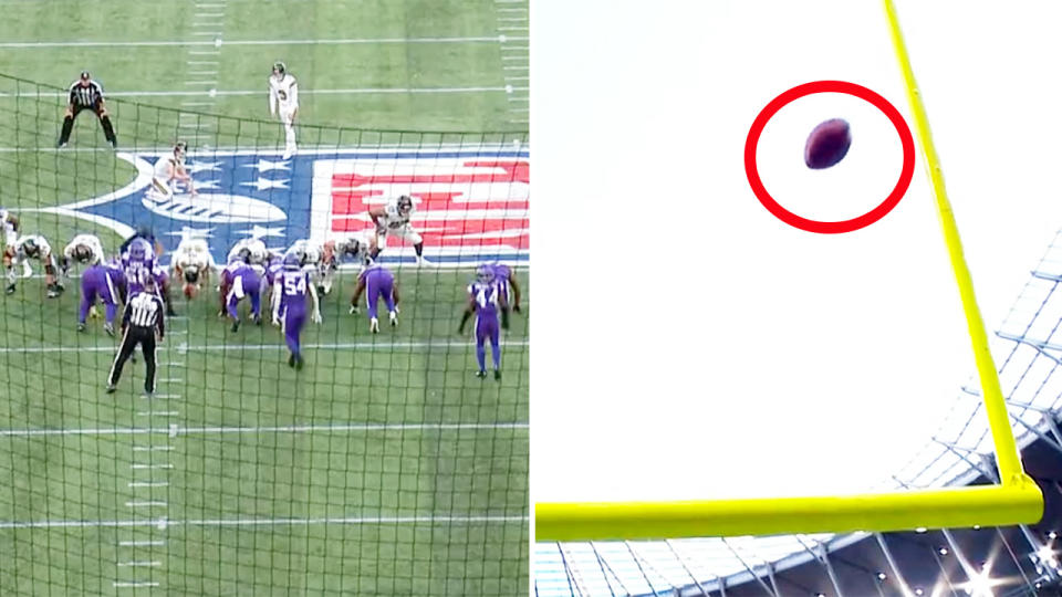 Wil Lutz's field-goal attempt, pictured here hitting the upright and crossbar before going out.