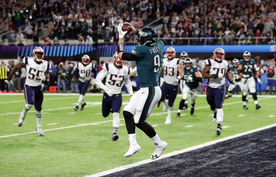 Philadelphia Eagles’ quarterback Nick Foles catches a touchdown pass in Super Bowl LII. (Reuters)