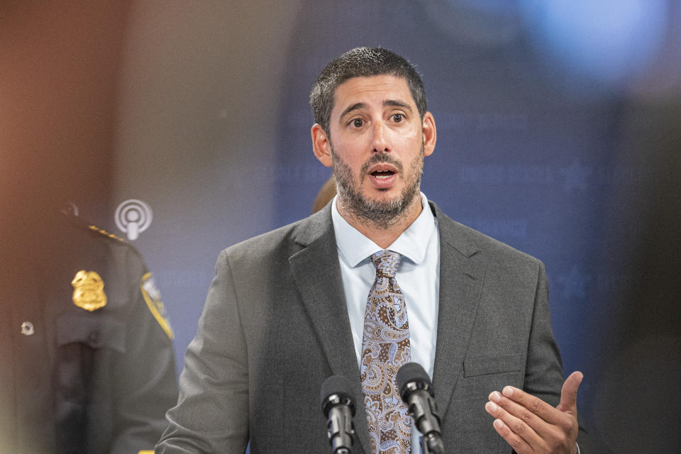 Nick DeSiato, Mayor Cavalier Johnson's chief of staff, addresses the media during a Republican National Convention security news conference Friday, June 21, 2024, in Milwaukee. (AP Photo/Andy Manis)