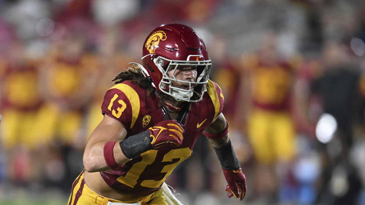 Southern California linebacker Mason Cobb (13) during an NCAA football game on Saturday,Oct. 7, 2023, in Los Angeles. (AP Photo/John McCoy)