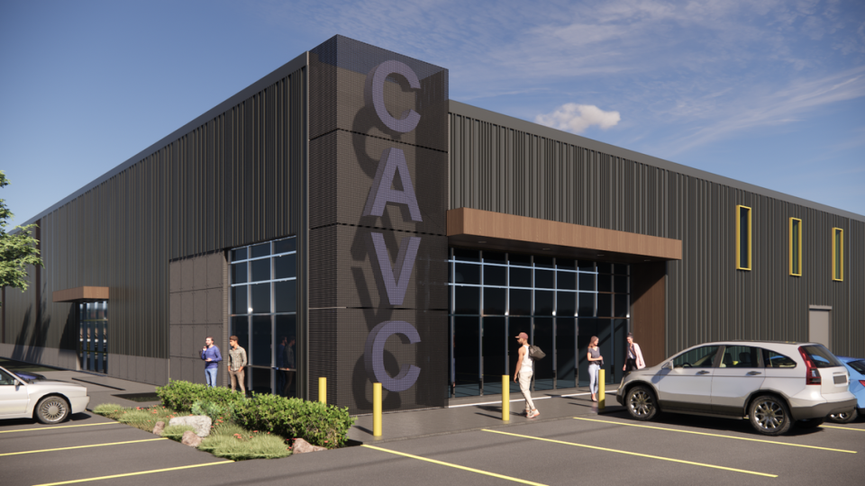 An exterior rendering of the entrance to the forthcoming expansion of the Collinsville Area Vocational Center in Collinsville, IL.