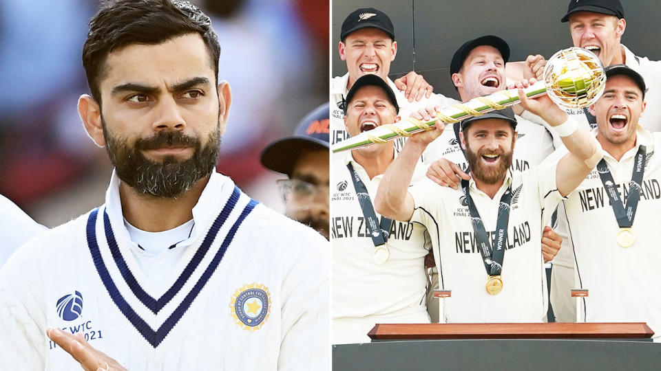 Virat Kohli, pictured here as the New Zealanders celebrate victory in the World Test Championship final.