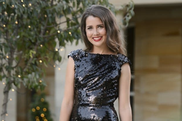 The Bachelor Australia 2015 contestant Heather Maltman wearing a black sequin gown