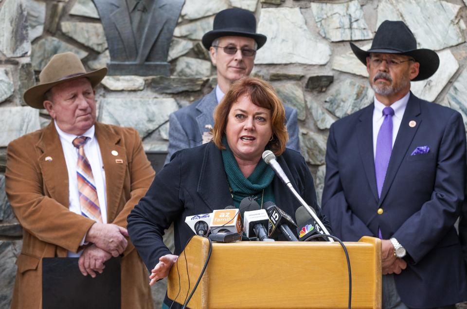 Tiffany Shedd, a cotton farmer from Eloy, speaks at a press conference at the Capitol in Phoenix with other farmers and legislators from Pinal County to talk about their overall support for the drought contingency plan on Jan. 15, 2019.
