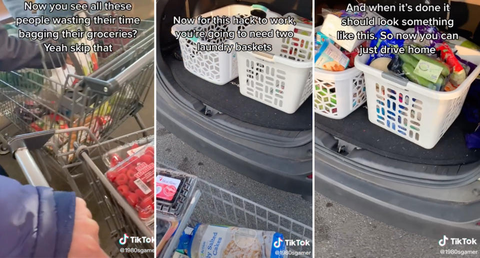 A TikTok video showing people how to save time on grocery shopping 