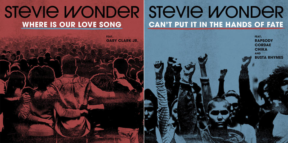 This combination of images released by So What The Fuss Music shows cover art for two new songs by Stevie Wonder, “Where Is Our Love Song,” left, and “Can’t Put It In the Hands of Fate.” released through his new label, So What the Fuss Music, distributed through Universal Music Group’s Republic Records. (AP Photo)