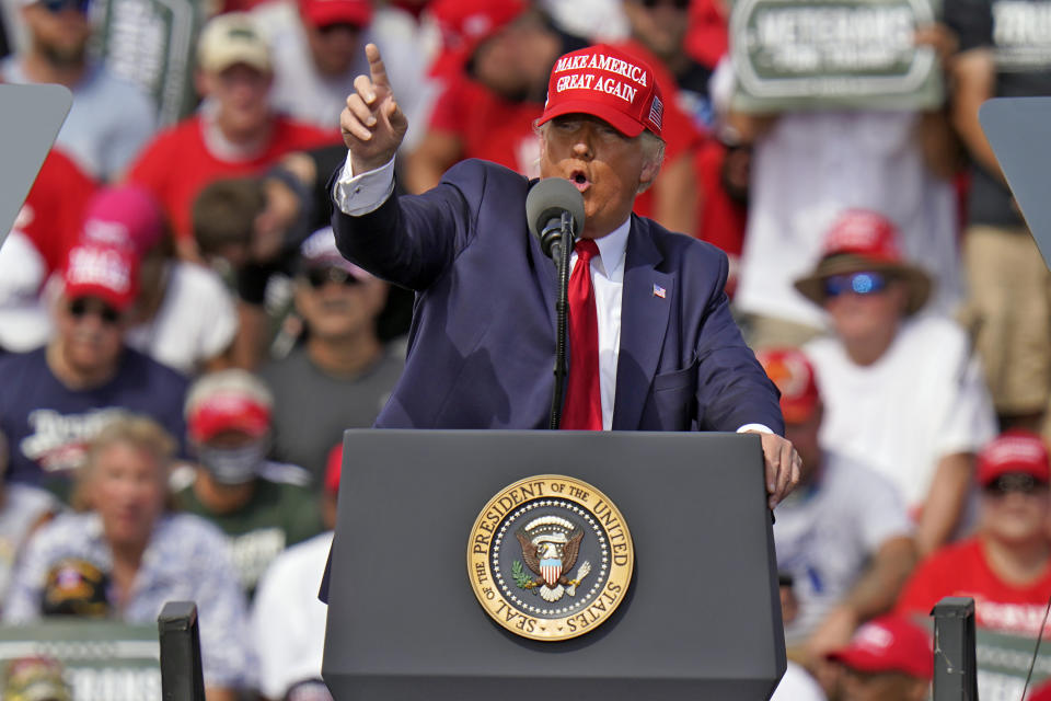 President Donald Trump gestures during a campaign rally Thursday, Oct. 29, 2020, in Tampa, Fla. (AP Photo/Chris O'Meara)