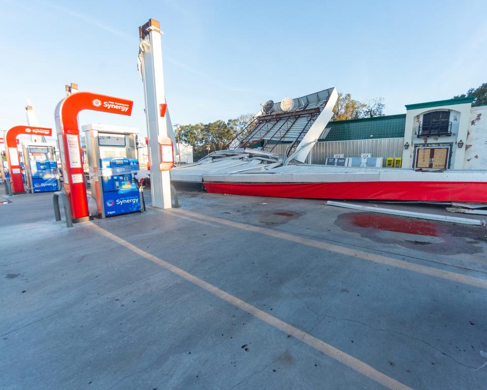 A gas station damaged by Hurricane Delta in Abbeville, Louisiana, Saturday, Oct. 10, 2020.