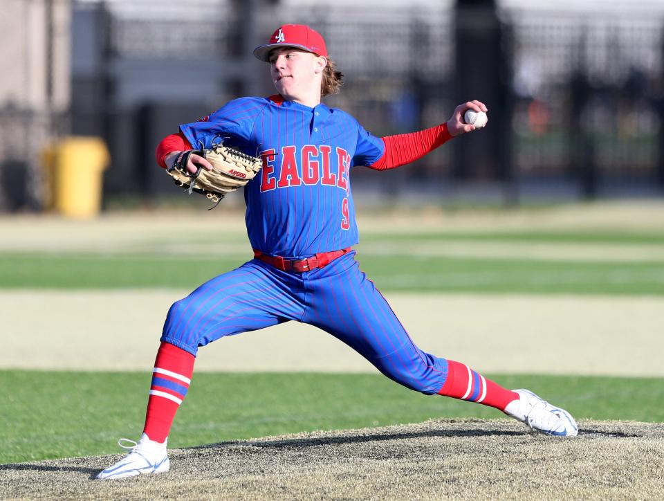 Adams pitcher Jacob Mulvehill (9) throws to the batter during the Adams-Penn baseball game Monday, April 24, 2023, at Penn Field in Mishawaka.