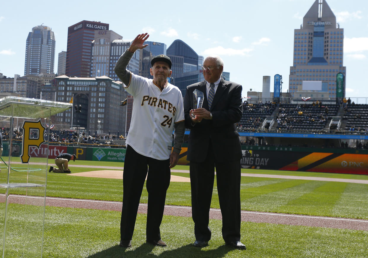 Former Pirates stars Dick Groat and Steve Blass in 2019.