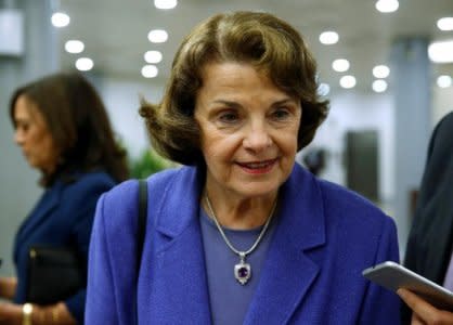 Senator Dianne Feinstein (D-CA) speaks to reporters after the Senate approved .25 billion in aid for areas affected by Hurricane Harvey along with measures that would fund the federal government and raise its borrowing limit on Capitol Hill in Washington, U.S., September 7, 2017.   REUTERS/Joshua Roberts