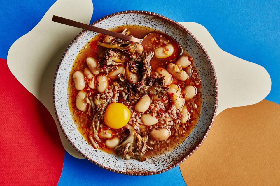 Brothy Beans and Farro with Eggs and Mushrooms