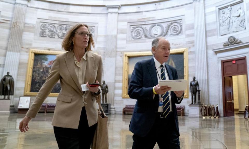 Louisa Terrell, left, White House legislative affairs director, and Steve Ricchetti, counselor to Joe Biden, in the US Capitol in June.