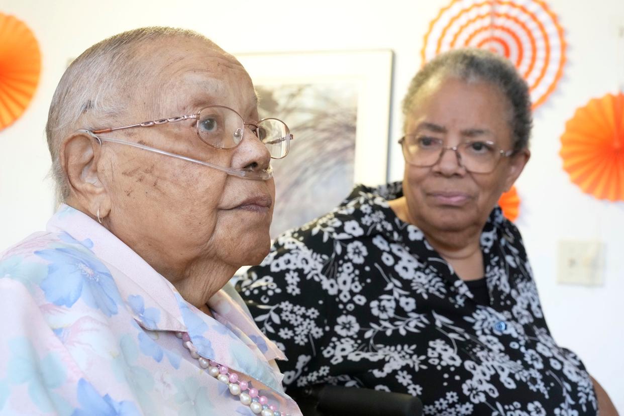 98-year-old Carolyn Bolton (left) and her daughter Yvette Woelfel at Sycamore Place apartments on West Dean Road in Milwaukee on Nov. 2.