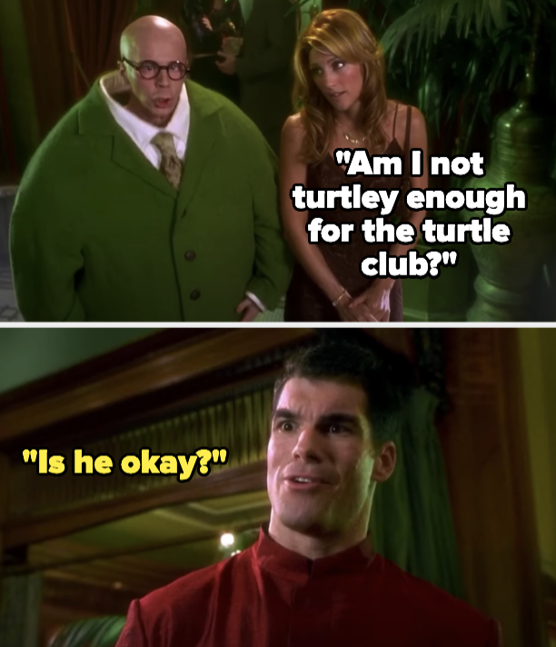 Pistachio: "Am I not turtley enough for the turtle club?" Bouncer: "Is he okay?"