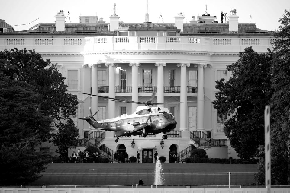 Marine One lifts off from the White House to carry President Donald Trump to Walter Reed National Military Medical Center in Bethesda, Md., Friday, Oct. 2, 2020 in Washington.