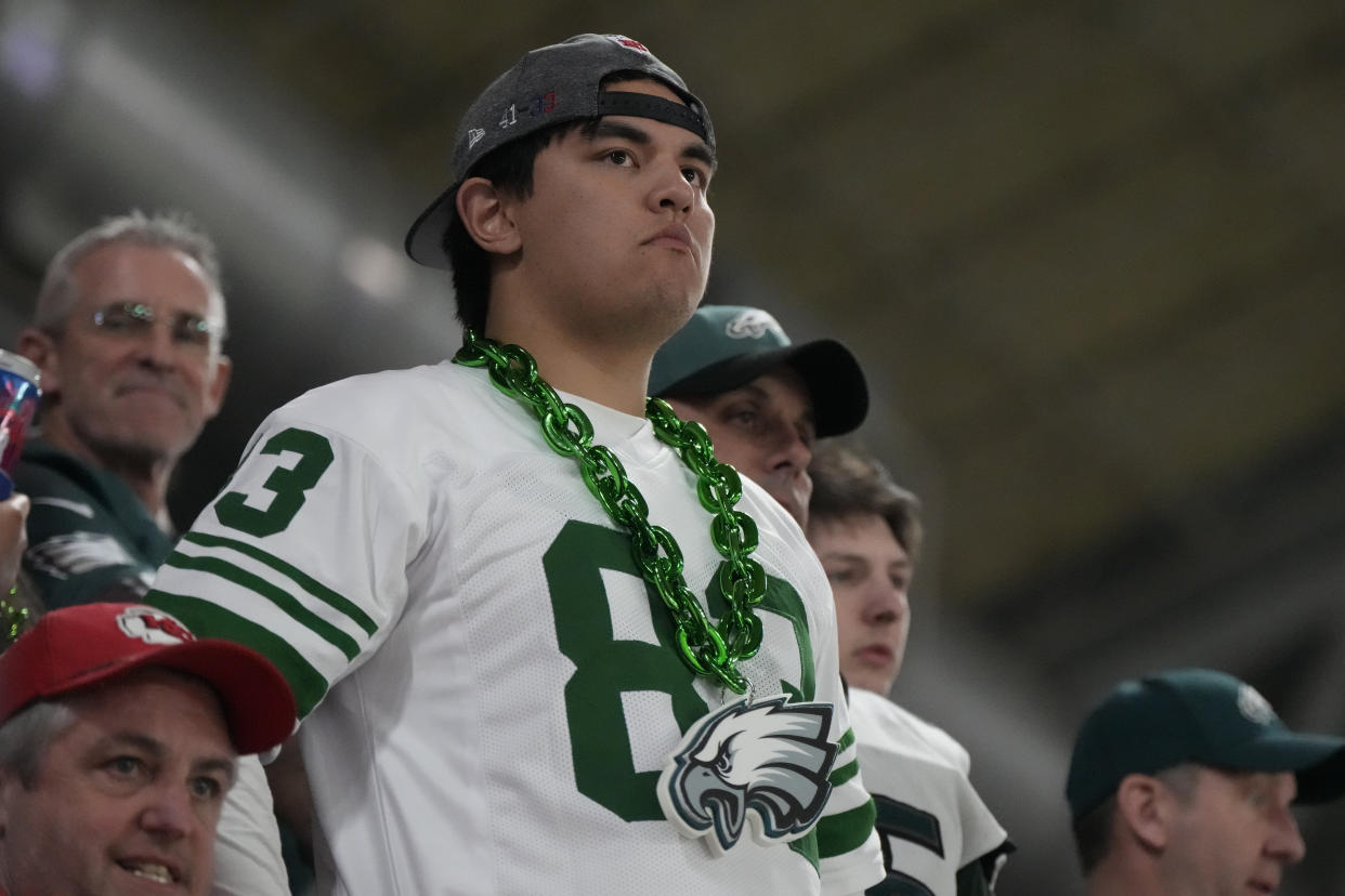 Philadelphia Eagles fans watch during the second half of the NFL Super Bowl 57 football game against the Kansas City Chiefs, Sunday, Feb. 12, 2023, in Glendale, Ariz. (AP Photo/Charlie Riedel)