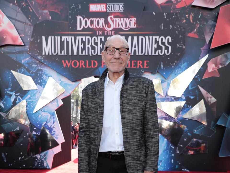 Patrick Stewart poses at the red carpet for "Doctor Strange in the Multiverse of Madness" in May 2022.