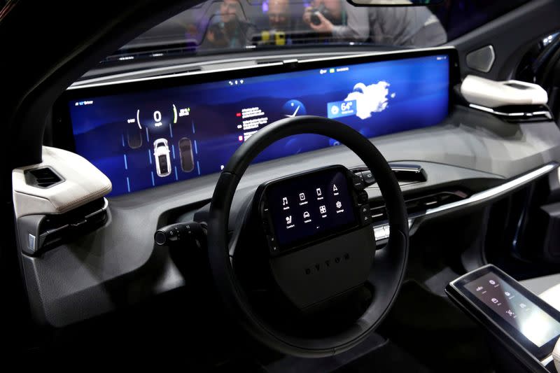 FILE PHOTO: An interior view of the Byton M-Byte all-electric SUV, expected to enter mass production this year, is shown at a news conference during the 2020 CES in Las Vegas