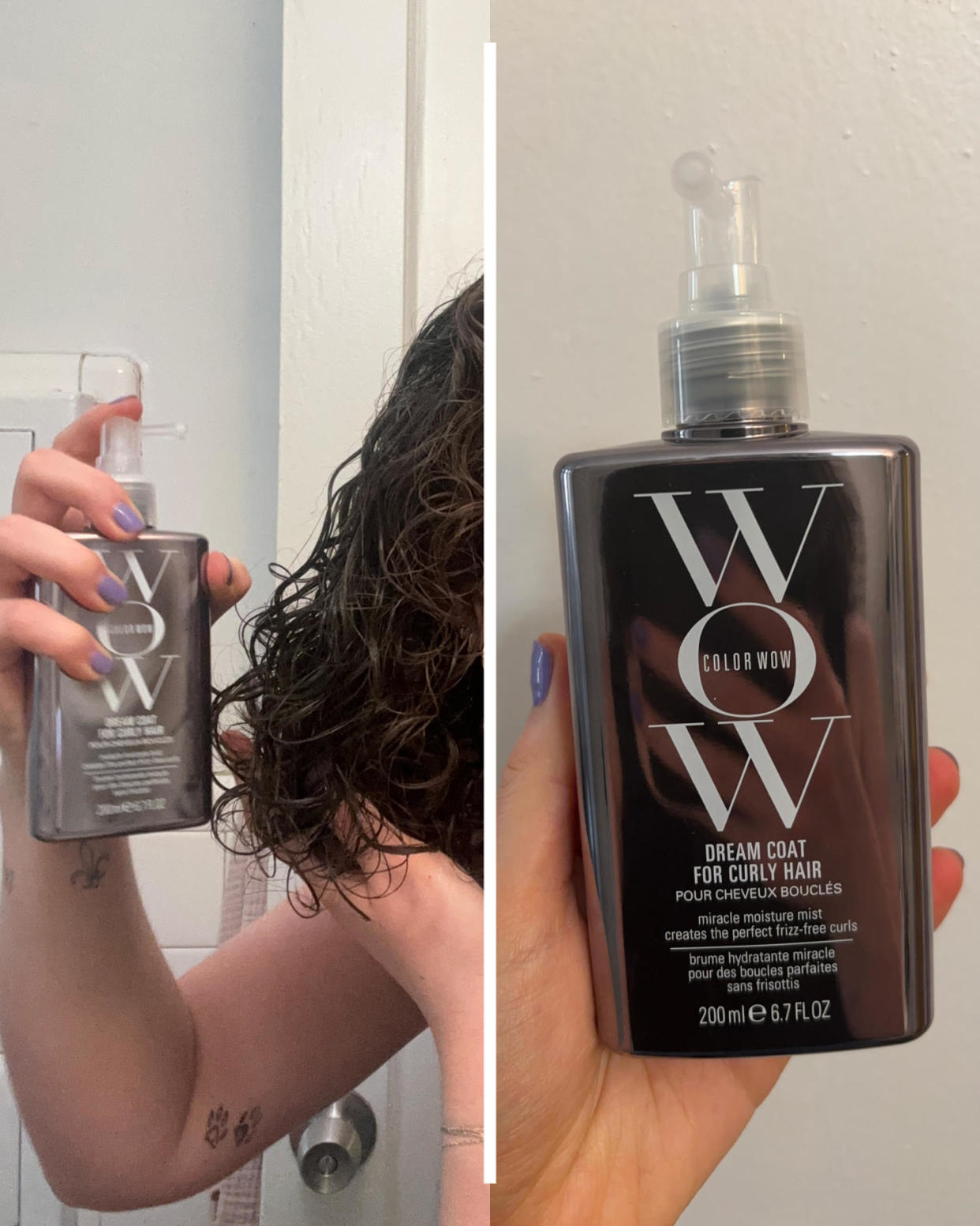 Woman sprays a bottle of Color Wow’s Dream Coat for Curly Hair onto her damp curly hair. (Courtesy Zoe Malin)