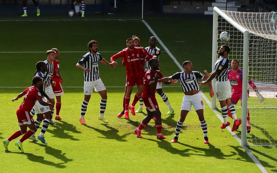 Charlie Austin of West Bromwich Albion heads the ball off the line during the Sky Bet Championship match between West Bromwich Albion and Fulham at The Hawthorns on July 14, 2020 - West Brom's automatic promotion hopes hang in the balance after Fulham draw - GETTY IMAGES