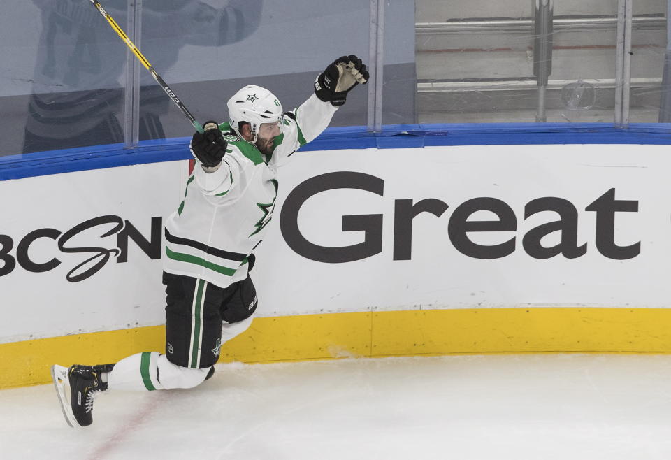 Dallas Stars' Alexander Radulov celebrates a goal against the Colorado Avalanche during the first period in Game 1 of an NHL hockey playoff second-round series, in Edmonton, Alberta, Saturday, Aug. 22, 2020. (Jason Franson/The Canadian Press via AP)