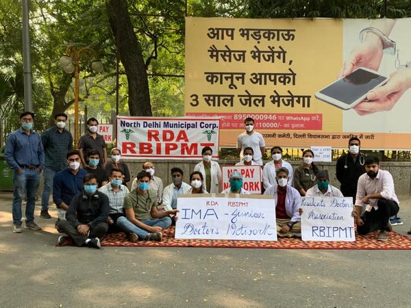 The NDMC doctors protest on Tuesday. (Photo/ANI)