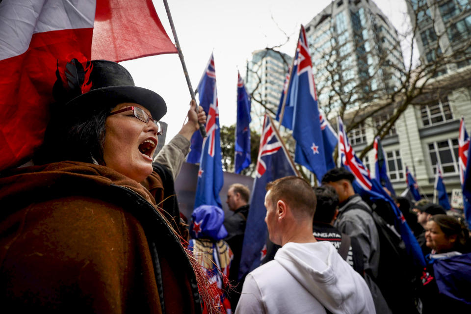 Freedom and Rights Coalition protesters demonstrate outside Parliament in Wellington, New Zealand, Tuesday, Aug. 23, 2022. About 2,000 protesters upset with the government's pandemic response converged on New Zealand's Parliament — but it appeared there would be no repeat of the action six months ago in which protesters camped out on Parliament grounds for more than three weeks. (George Heard/New Zealand Herald via AP)