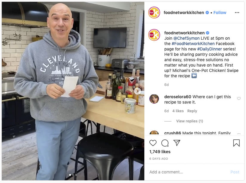 This image released by Food Network shows an Instagram post featuring chef Michael Symon about cooking at home during coronavirus outbreak. Food Network president Courtney White says her channel has seen a double-digit ratings increase in the past week. FoodNetwork.com has also had a double-digit increase in visitors and page views, White says. And many of the channel's chefs have been broadcasting informally from their home kitchens via social media, while viewers pepper them with questions in real-time. (Food Network via AP)