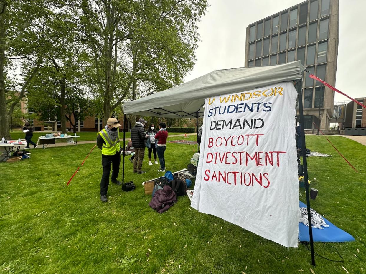About a dozen students gathered for a protest at the University of Windsor on May 9, 2024.  (Jennifer La Grassa/CBC - image credit)